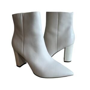 Marc Fisher Glorena Pointy Toe Block Heel Boot Ivory Leather 7.5